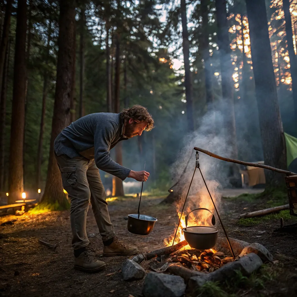 Tom cooking a meal over a campfire in a forest setting